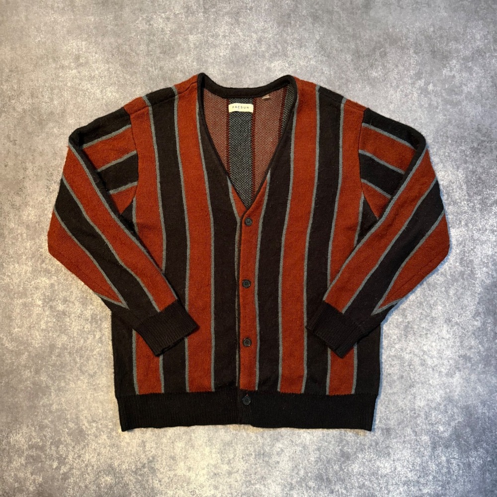 PacSun Mens Vertical Stripe Cardigan Sweater Brown Orange Blue Size Medium